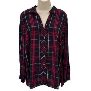 J.Jill Womens Red & Black Plaid Button-Up Long Sleeve Shirt Top Rayon Size L